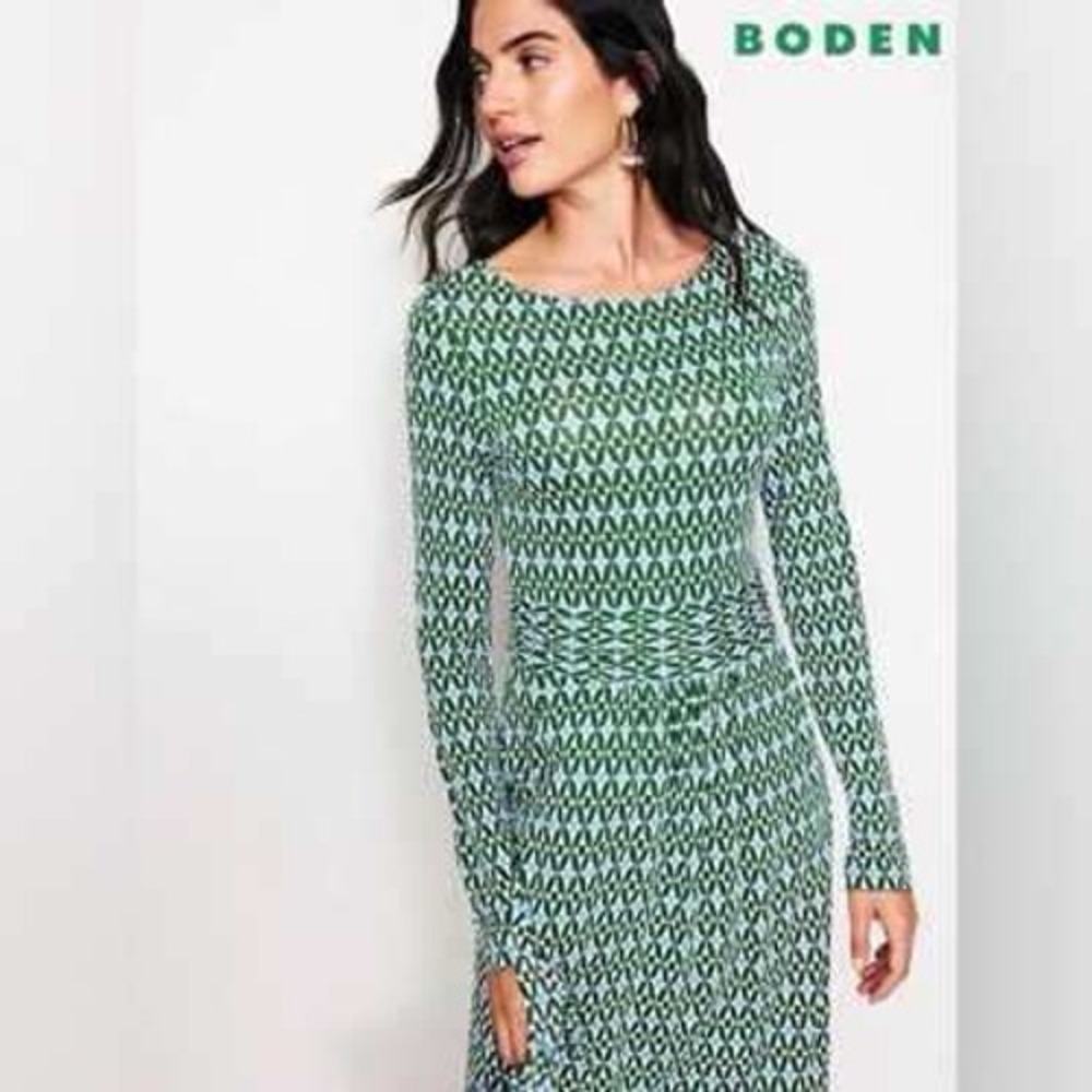 Boden Amelia Green Blue Geometric Print Dress Women 6P EcoVero Long Sleeve NWT